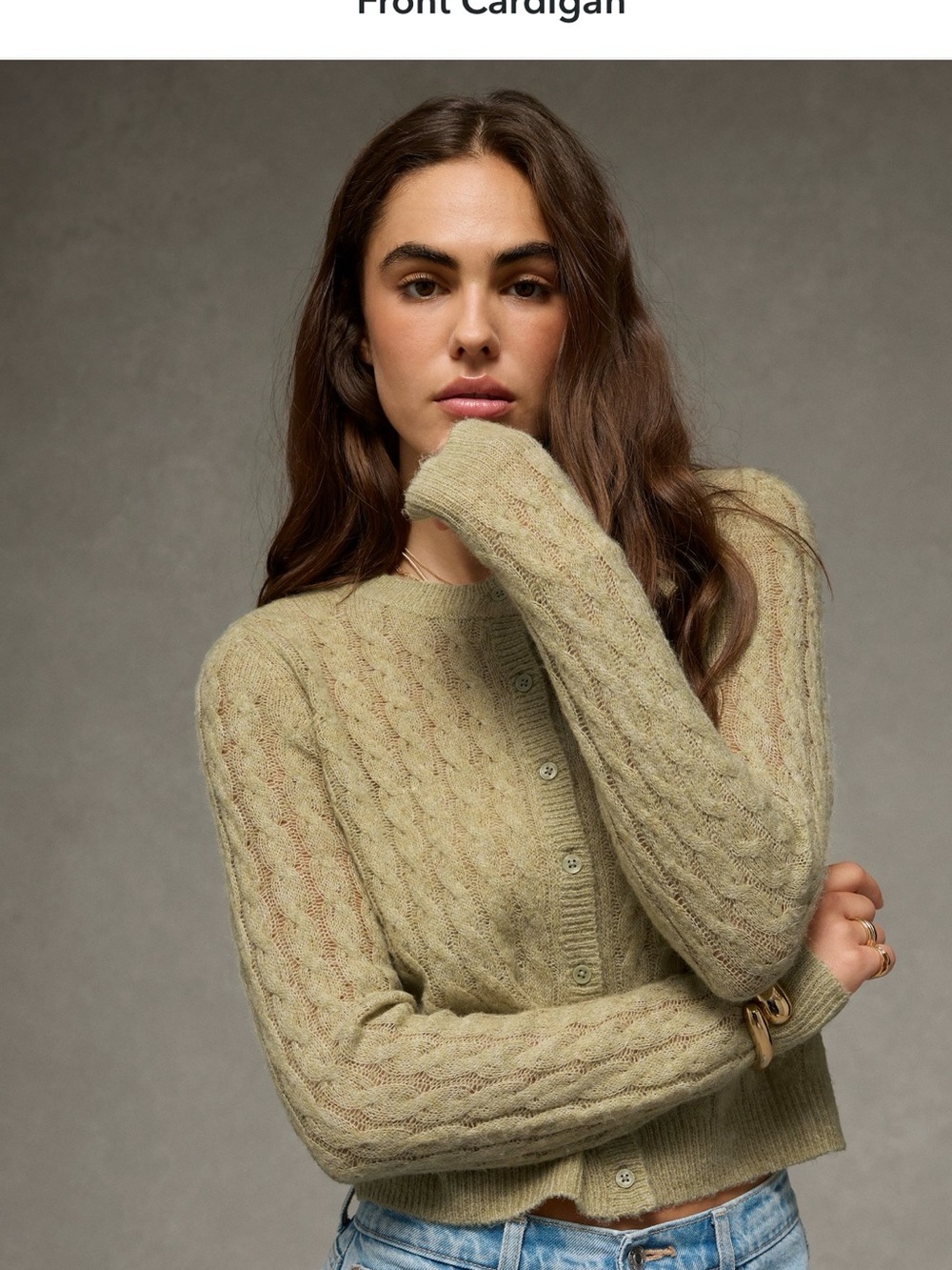 American Eagle Outfitters Light Olive Cable-Knit Button Cardigan